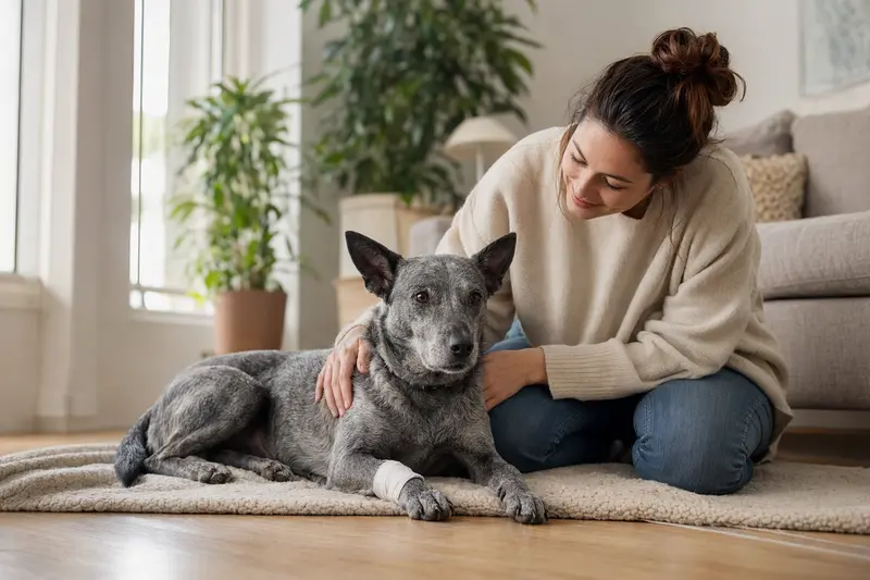 Texas Blue Lacy Hund mit leicht verbundenem Pfötchen liegt ruhig auf einer Decke neben seinem erleichterten Besitzer in einer hellen Wohnung.