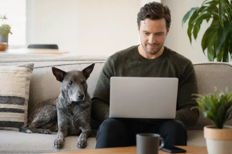 Ein Hundebesitzer sitzt mit einem Laptop auf dem Sofa, während sein Texas Blue Lacy Hund ihm Gesellschaft leistet.