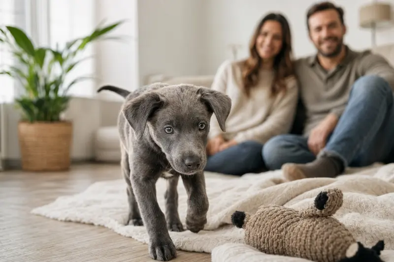 Ein junger Texas Blue Lacy Welpe erkundet neugierig sein neues Zuhause in einer hellen Wohnung mit weicher Decke und Spielzeug.