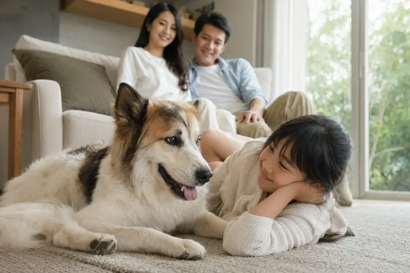 Ein Thai Bangkaew Dog liegt entspannt neben einem Kind im hellen Wohnzimmer und vermittelt eine sichere Familienatmosphäre.