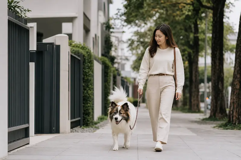 Thai Bangkaew Dog läuft an der Leine mit seinem Besitzer durch eine saubere, moderne Stadtstraße im Alltag.