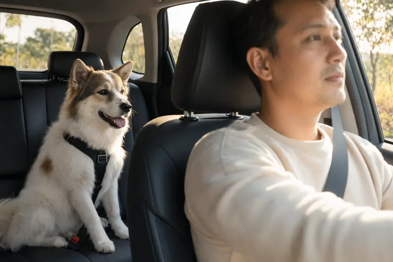 Ein Thai Bangkaew Dog sitzt sicher angeschnallt auf der Rückbank eines Autos, während sein Besitzer ruhig fährt.