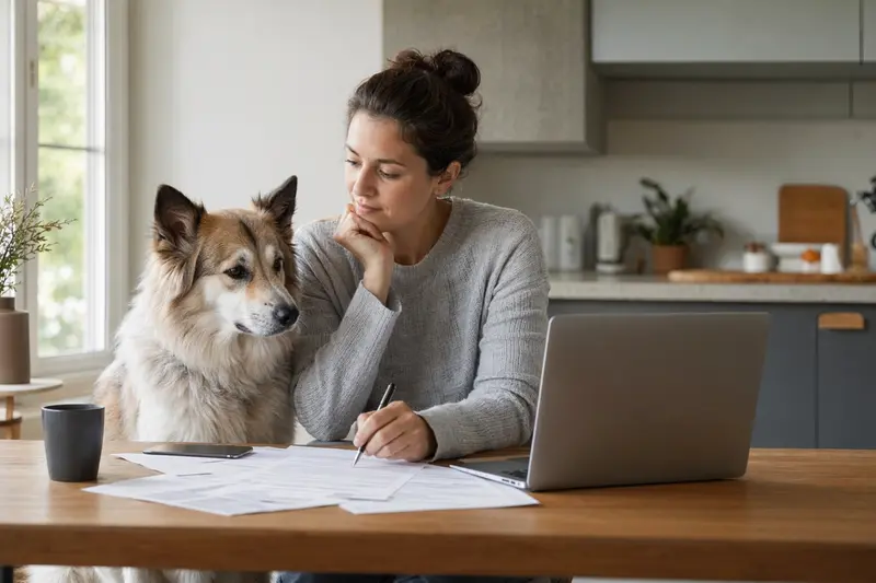 Ein Thai Bangkaew Dog sitzt ruhig neben seinem Besitzer am Küchentisch, während Versicherungsunterlagen und ein Laptop mit einer Vergleichsseite vor ihm liegen.