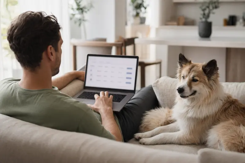 Ein Hundebesitzer sitzt mit seinem Thai Bangkaew Dog auf dem Sofa und vergleicht Versicherungen auf einem Laptop.