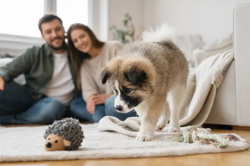 Ein neugieriger Thai Bangkaew Dog Welpe entdeckt sein neues Zuhause auf einer weichen Decke mit Spielzeug in einer hellen Wohnung.