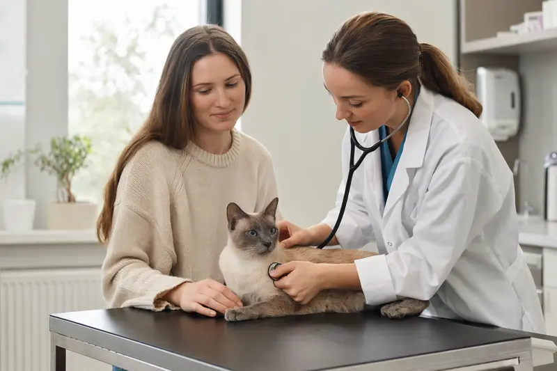 Ruhige Thai Katze wird von freundlicher Tierärztin mit Stethoskop in moderner Tierarztpraxis untersucht.