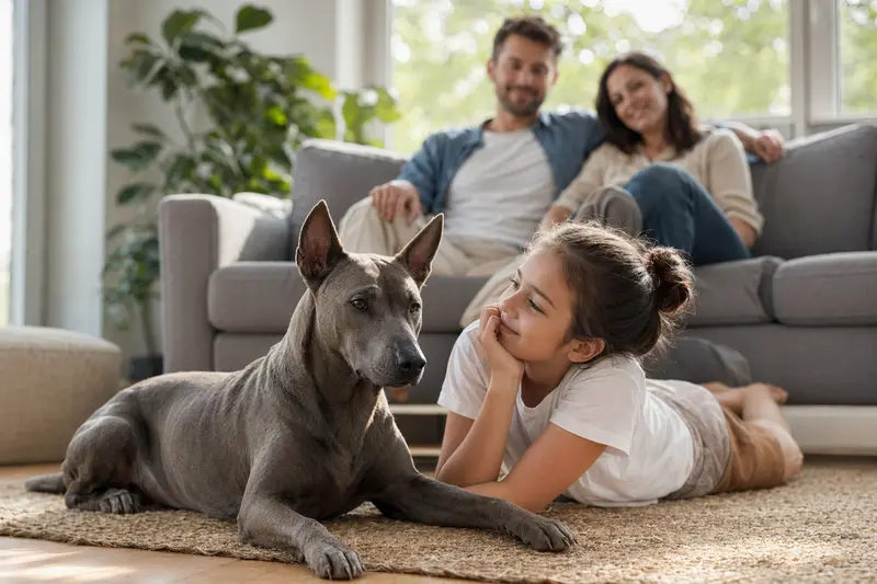 Ein freundlicher Thai Ridgeback Hund liegt entspannt neben einem Kind im Wohnzimmer, während die Eltern im Hintergrund eine warme Familienatmosphäre schaffen.