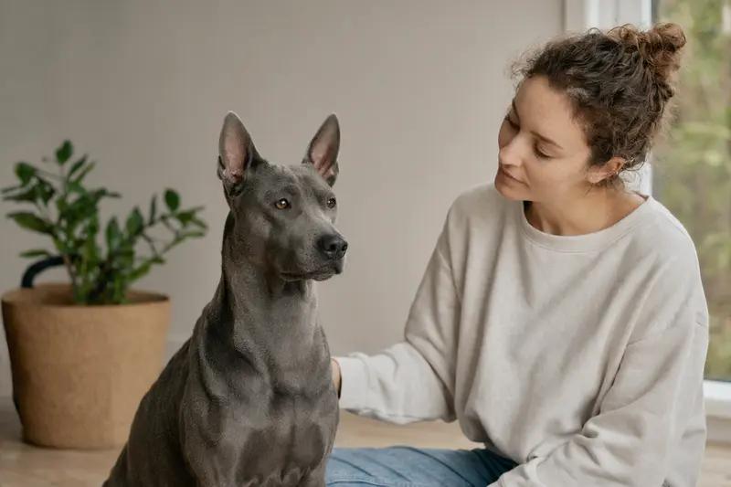 Ein aufmerksamer Thai Ridgeback Hund steht in natürlicher Haltung vor hellem Hintergrund, als professionelles Tierportrait mit klaren Details.