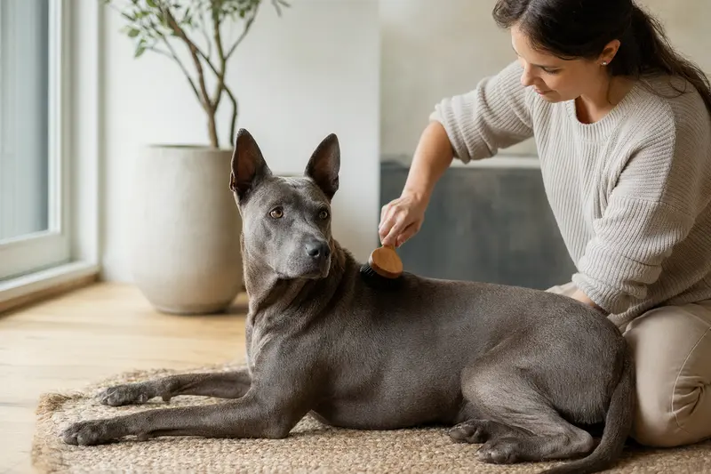Ein Thai Ridgeback Hund wird in einer hellen Wohnung sanft gebürstet, während sein Besitzer liebevoll die Fellpflege übernimmt.