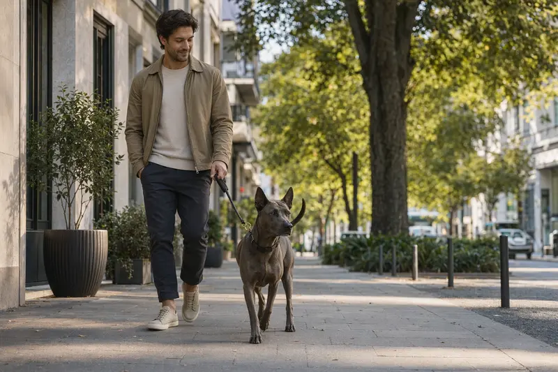 Ein Thai Ridgeback Hund läuft an der Leine mit seinem Besitzer durch eine freundliche moderne Stadtstraße.
