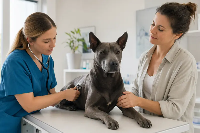 Eine Tierärztin untersucht einen ruhigen Thai Ridgeback Hund mit dem Stethoskop, während der Besitzer in der modernen Tierarztpraxis beruhigend danebensteht.