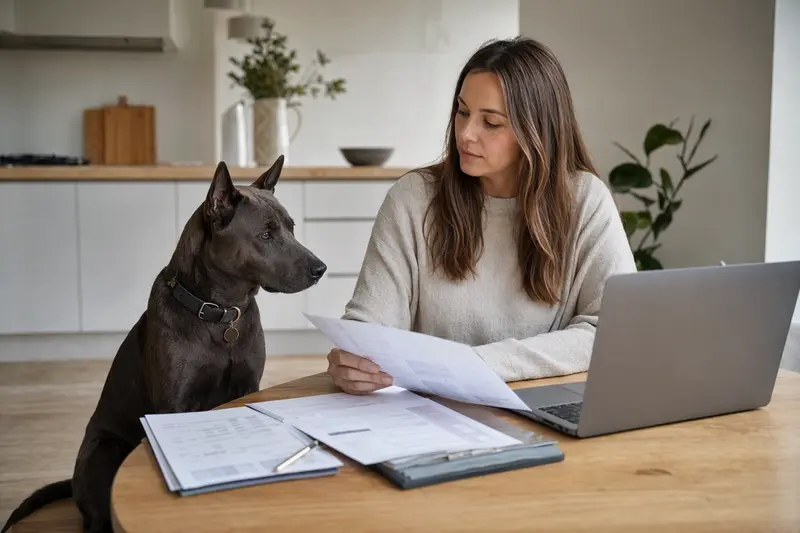 Ein Thai Ridgeback sitzt ruhig neben seinem Besitzer am Küchentisch, während Versicherungsunterlagen und ein Laptop mit einer neutralen Vergleichsseite vor ihm liegen.