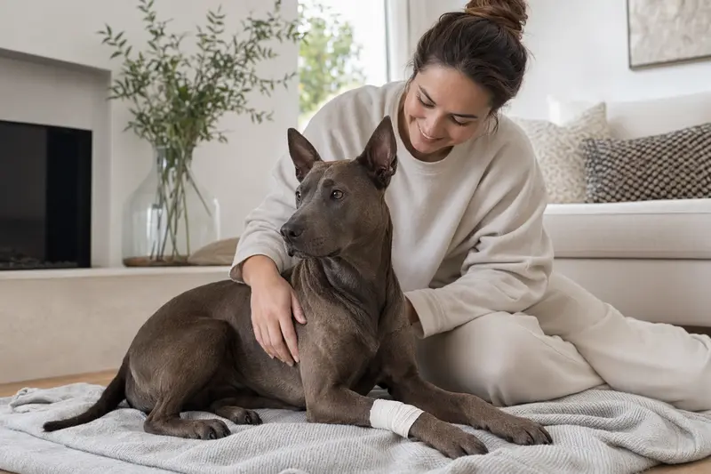 Thai Ridgeback Hund mit leichtem Verband an der Pfote liegt ruhig auf einer Decke, während sein Besitzer daneben erleichtert sitzt.