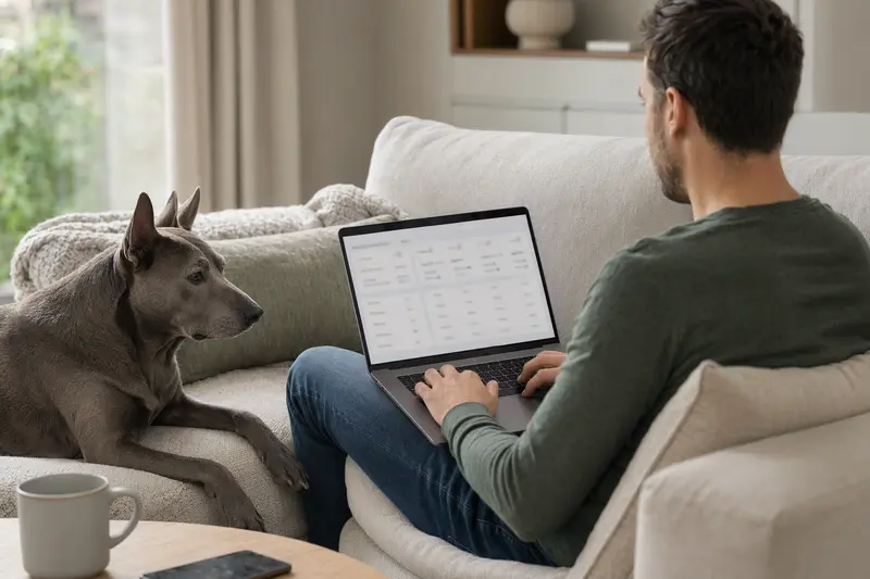 Ein Besitzer arbeitet am Laptop auf dem Sofa, während ein Thai Ridgeback Hund neben ihm sitzt.