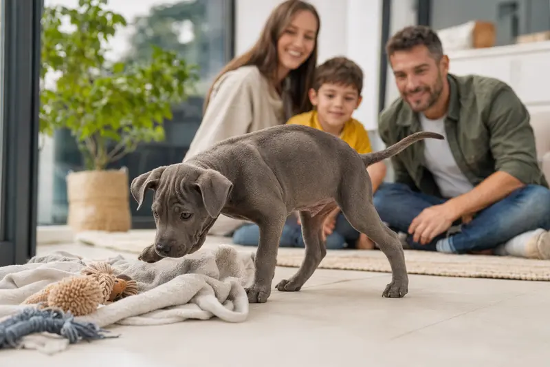 Ein junger Thai Ridgeback Welpe erkundet neugierig sein neues Zuhause auf einer weichen Decke mit Spielzeug in einer hellen Wohnung.