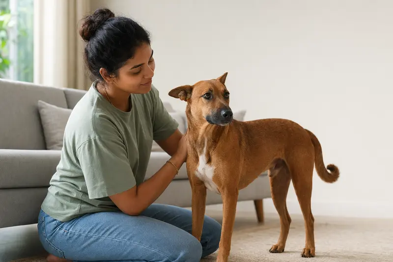 Ein aufmerksamer Thanjavurhund steht in natürlicher Haltung vor hellem neutralem Hintergrund.