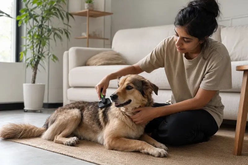 Ein Thanjavurhund wird zuhause von seinem Besitzer sanft gebürstet und liebevoll gepflegt.