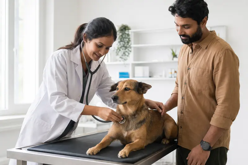 Eine freundliche Tierärztin untersucht einen ruhigen Thanjavurhund mit dem Stethoskop, während der Besitzer in einer modernen Tierarztpraxis beruhigend danebensteht.