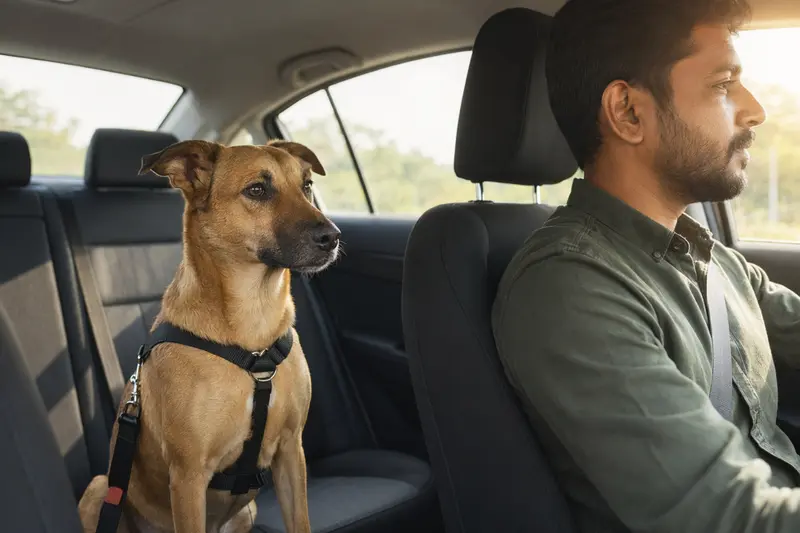 Ein Thanjavurhund sitzt sicher angeschnallt auf der Rückbank eines Autos, während der Besitzer ruhig fährt.