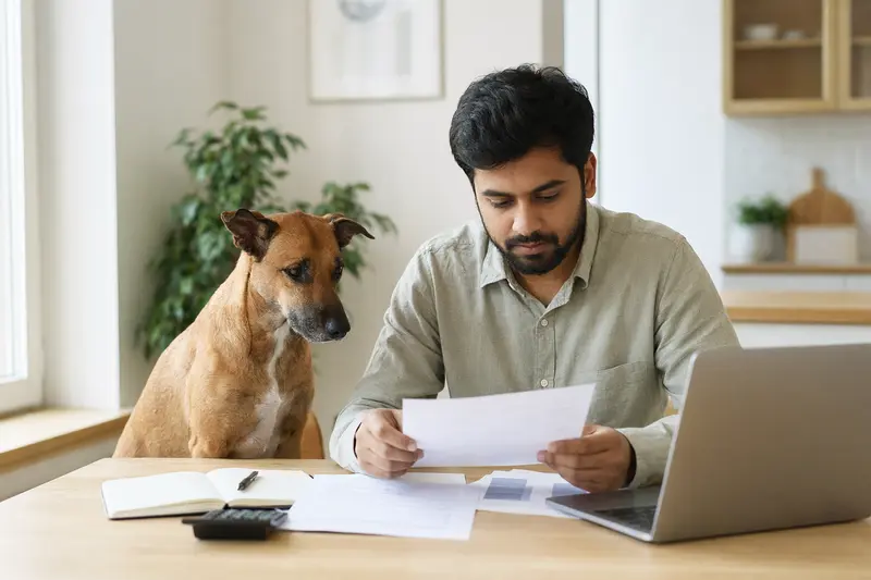 Ein Thanjavurhund sitzt ruhig neben seinem Besitzer am Küchentisch, während Versicherungsunterlagen und ein Laptop mit einer Vergleichsseite zur Hundeversicherung zu sehen sind.
