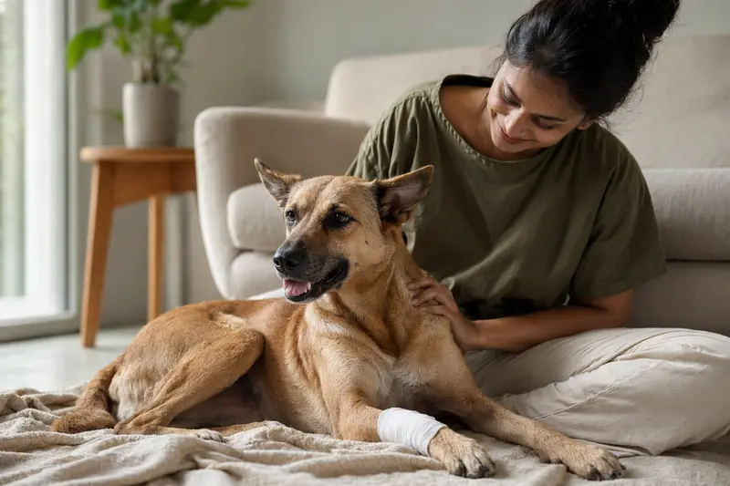 Ein Thanjavurhund mit leicht verbundenem Vorderbein liegt ruhig auf einer Decke, während sein Besitzer erleichtert neben ihm sitzt.