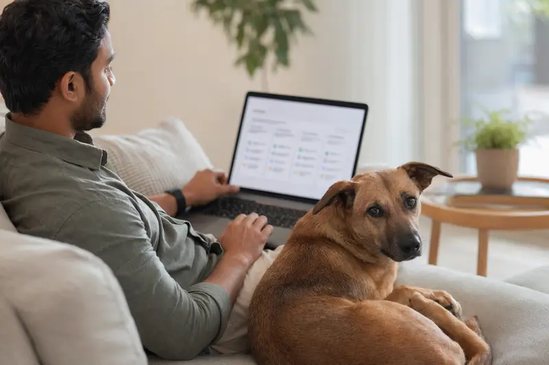 Ein Besitzer sitzt entspannt mit einem Laptop auf dem Sofa, während ein Thanjavurhund neben ihm liegt und eine neutrale Versicherungsvergleichs-Oberfläche auf dem Bildschirm sichtbar ist.