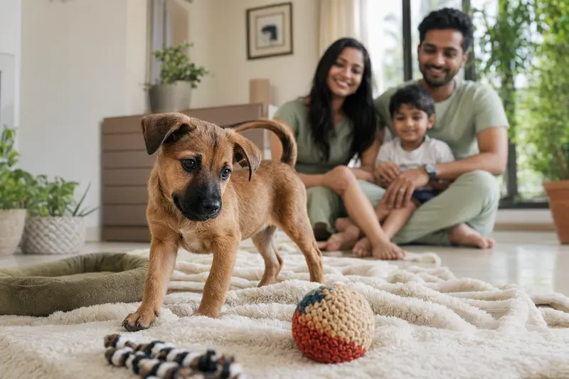 Ein junger Thanjavurhund Welpe erkundet neugierig sein neues Zuhause mit weicher Decke und Spielzeug in einer hellen Wohnung.