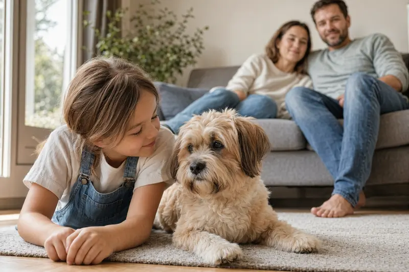 Ein Tibet Apso liegt entspannt neben einem Kind im Wohnzimmer, während die Eltern im Hintergrund eine sichere Familienatmosphäre schaffen.