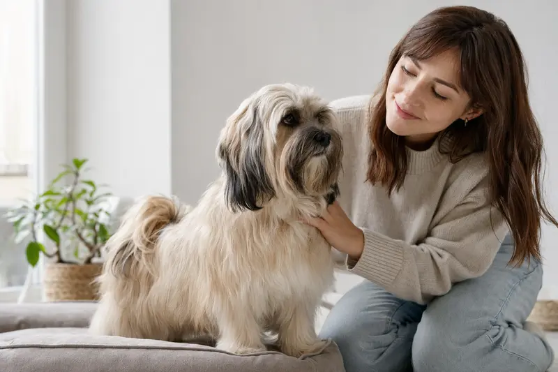 Ein aufmerksam stehender Tibet Apso Hund im professionellen Porträt vor hellem, neutralem Hintergrund.