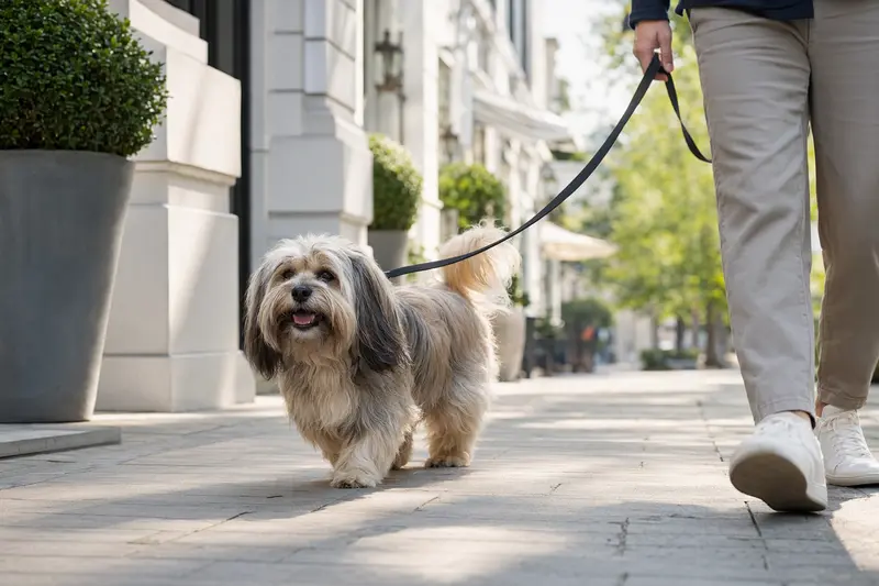 Ein Tibet Apso läuft an der Leine mit seinem Besitzer durch eine moderne Stadtstraße.