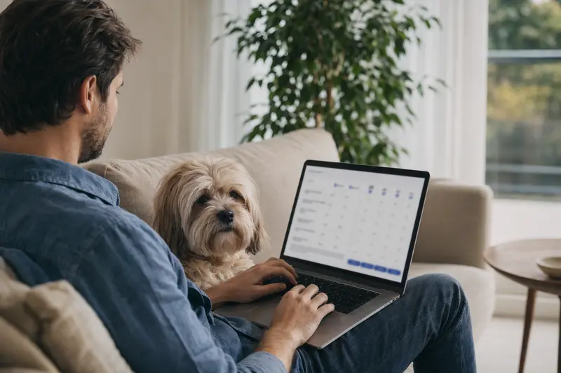 Ein Hundebesitzer sitzt mit einem Laptop auf dem Sofa und vergleicht Tierversicherungen, während ein Tibet Apso neben ihm liegt.