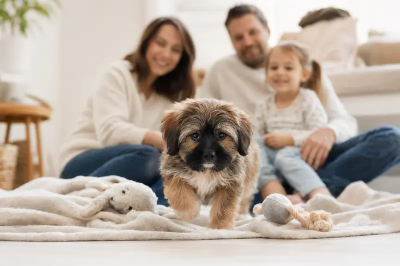Ein junger Tibet-Apso-Welpe entdeckt neugierig sein neues Zuhause in einer hellen Wohnung mit weicher Decke und Spielzeug.