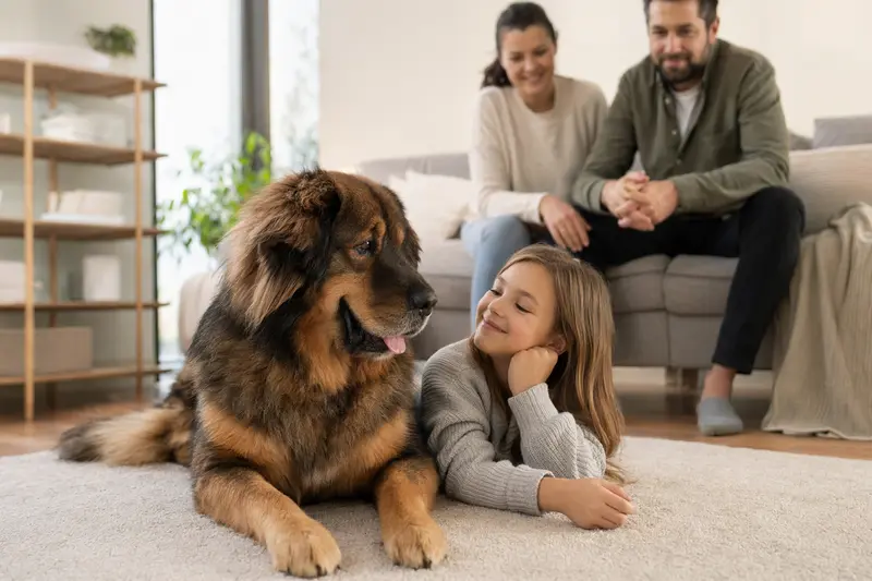 Eine Tibet Dogge liegt entspannt neben einem Kind im Wohnzimmer, während Eltern im Hintergrund eine sichere Familienatmosphäre schaffen.