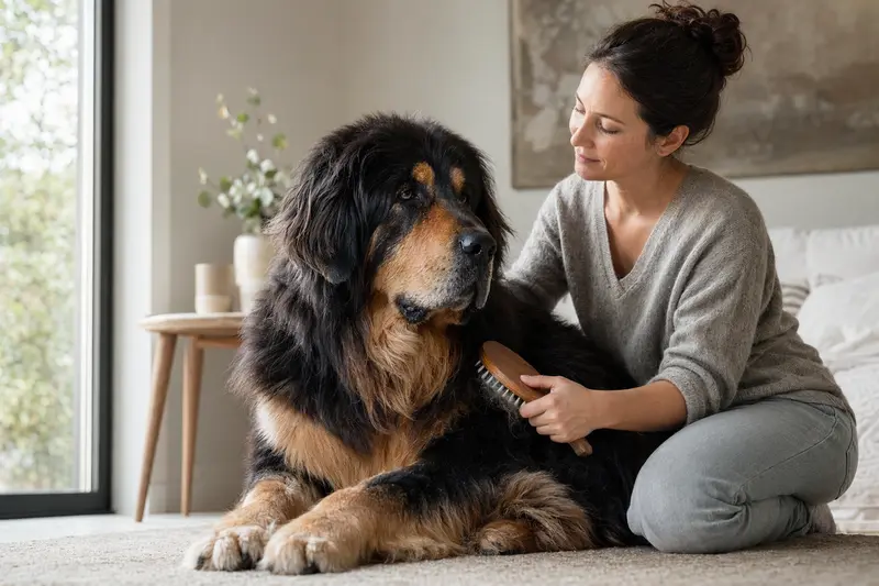 Eine Tibet Dogge wird in einer hellen Wohnung sanft gebürstet, während sich der Besitzer liebevoll um die Fellpflege kümmert.