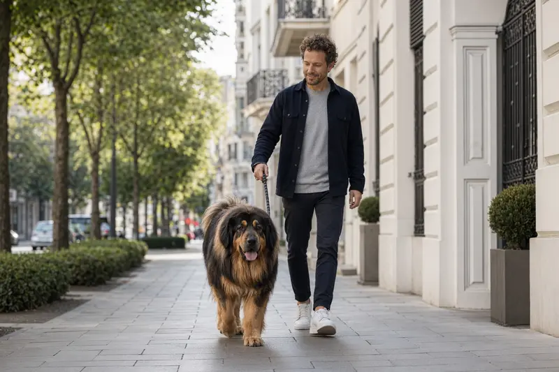 Eine Tibet-Dogge läuft an der Leine mit ihrem Besitzer durch eine freundliche moderne Stadtstraße.