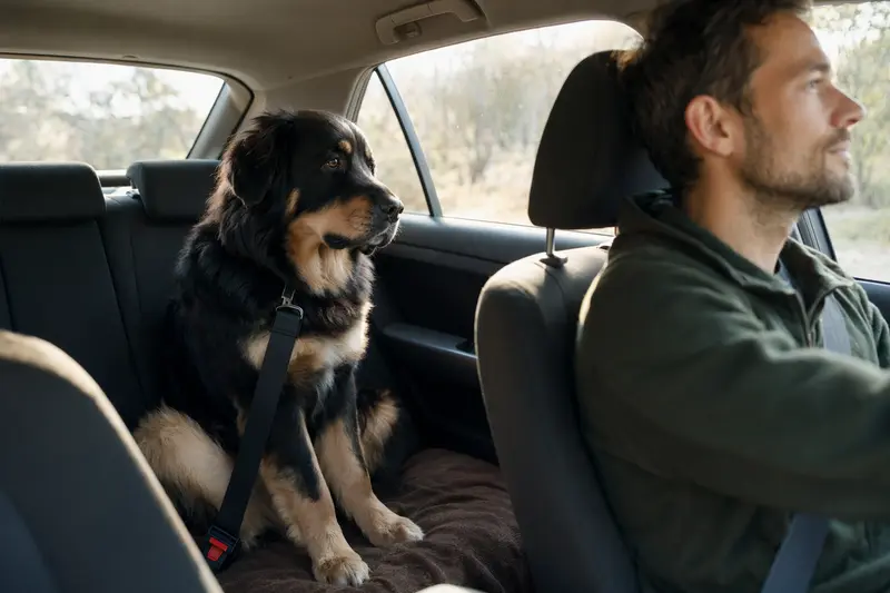 Eine Tibet Dogge sitzt sicher angeschnallt auf der Rückbank eines Autos, während der Besitzer ruhig fährt.