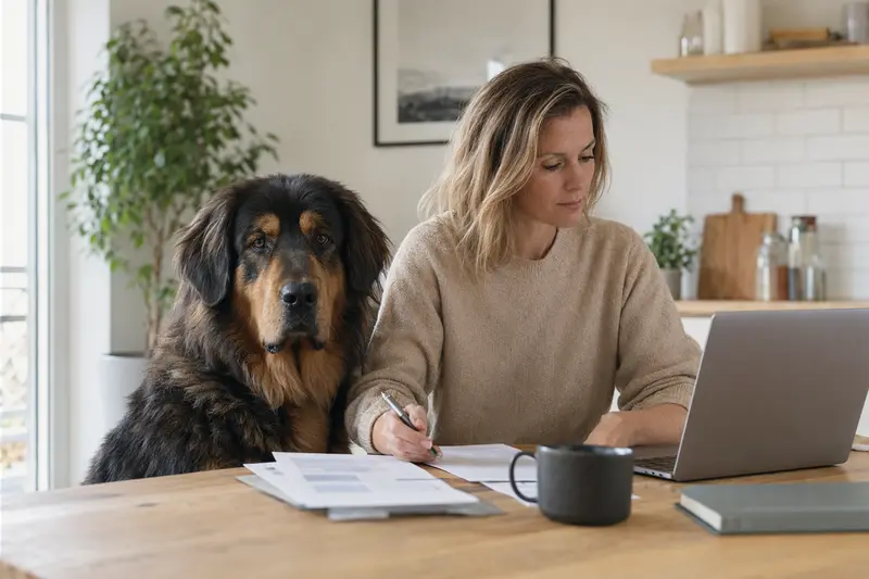 Eine Tibet Dogge sitzt ruhig neben ihrem Besitzer am Küchentisch, auf dem Versicherungsunterlagen und ein Laptop mit Vergleichsseite liegen.