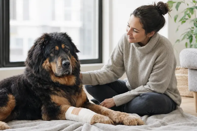 Eine Tibet Dogge mit leicht verbundenem Verband an der Pfote liegt ruhig auf einer Decke, während ihr Besitzer neben ihr sitzt und erleichtert wirkt.