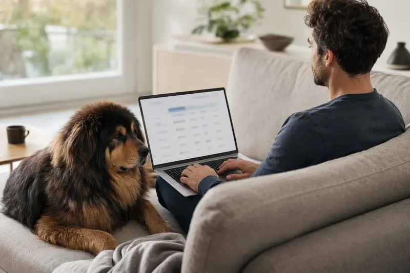 Ein Hundebesitzer sitzt mit einem Laptop auf dem Sofa, während ein Tibet Dogge daneben liegt und die Versicherungssituation entspannt betrachtet.