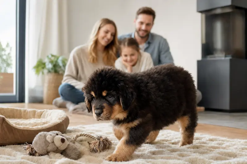 Ein junger Tibet Dogge Welpe erkundet neugierig sein neues Zuhause in einer hellen Wohnung mit weicher Decke und Spielzeug im Hintergrund.