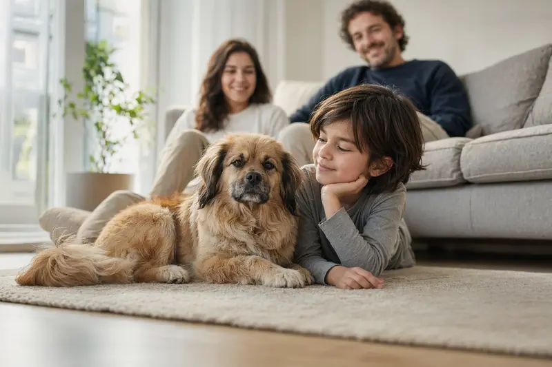 Ein freundlicher Tibet-Spaniel liegt entspannt neben einem Kind im hellen Wohnzimmer, während die Eltern im Hintergrund stehen.