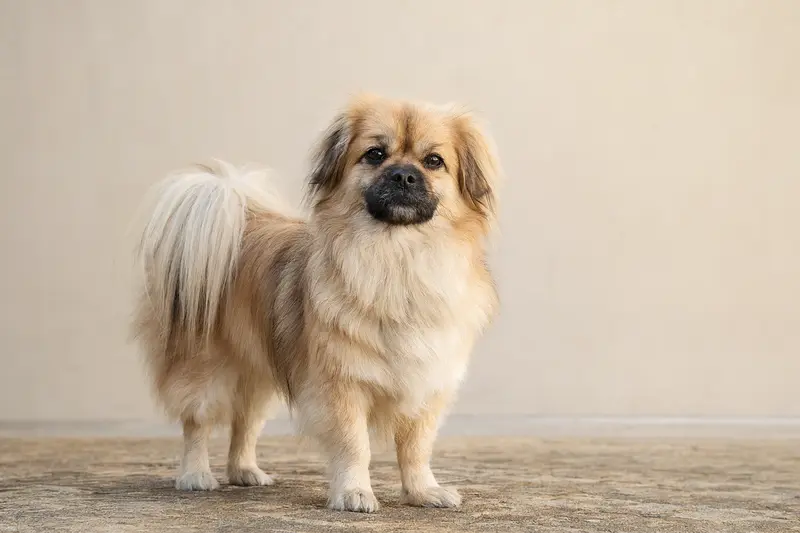 Ein aufmerksamer Tibet-Spaniel steht in natürlicher Haltung vor hellem Hintergrund und eignet sich als professionelles Hundeporträt für einen Ratgeber zur Tiergesundheit.