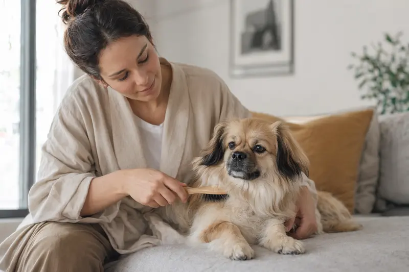 Ein Tibet-Spaniel wird in einer hellen Wohnung sanft gebürstet, während sich der Besitzer liebevoll um die Fellpflege kümmert.