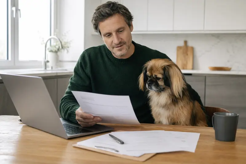 Ein Tibet-Spaniel sitzt ruhig neben seinem Besitzer am Küchentisch mit Versicherungsunterlagen und Laptop zum Vergleich von Tierkrankenversicherungen.