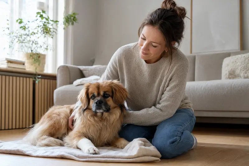 Tibet-Spaniel mit leicht verbundenem Pfötchen liegt ruhig auf einer Decke neben seinem erleichterten Besitzer in einer hellen Wohnung.