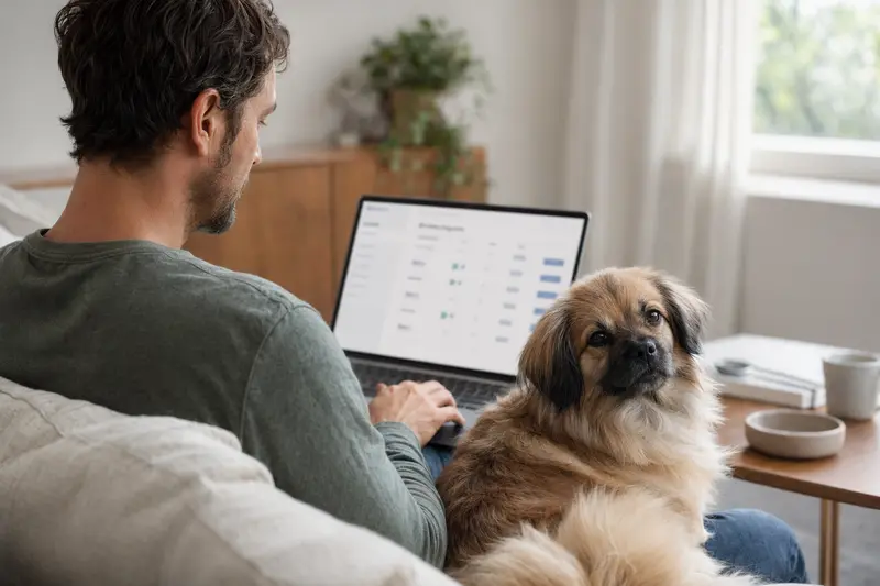 Ein Hundebesitzer arbeitet am Laptop, während ein Tibet-Spaniel entspannt neben ihm auf dem Sofa sitzt.
