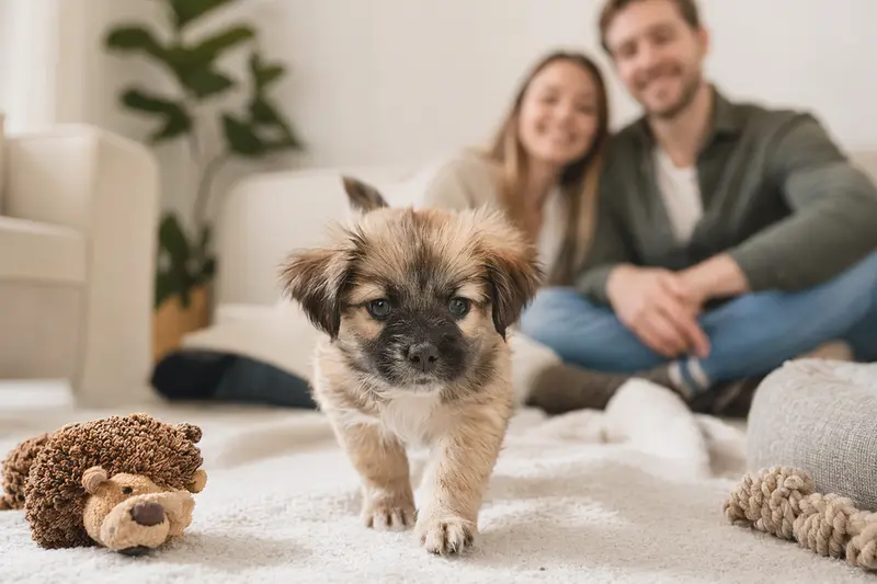 Ein junger Tibet-Spaniel-Welpe entdeckt neugierig sein neues Zuhause mit weicher Decke und Spielzeug in einer hellen Wohnung.