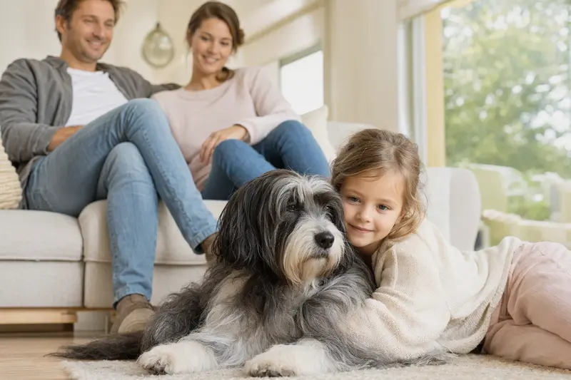 Ein freundlicher Tibet-Terrier liegt entspannt neben einem Kind im Wohnzimmer, während die Eltern im Hintergrund eine warme Familienatmosphäre schaffen.