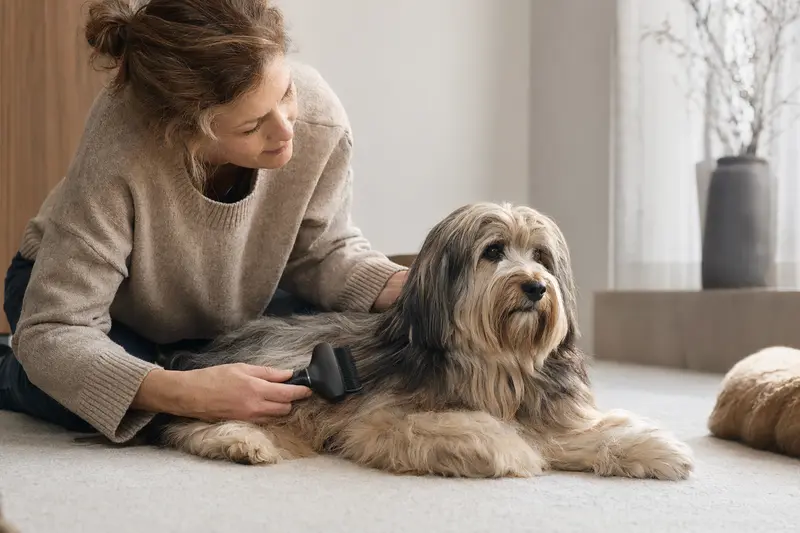 Ein Tibet-Terrier wird in einer hellen Wohnung liebevoll gebürstet, was die regelmäßige Fellpflege und verantwortungsvolle Hundehaltung zeigt.