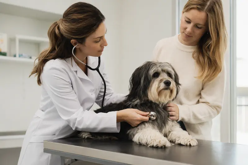 Eine Tierärztin untersucht einen ruhigen Tibet-Terrier mit dem Stethoskop, während der Besitzer in der modernen Tierarztpraxis beruhigend danebensteht.